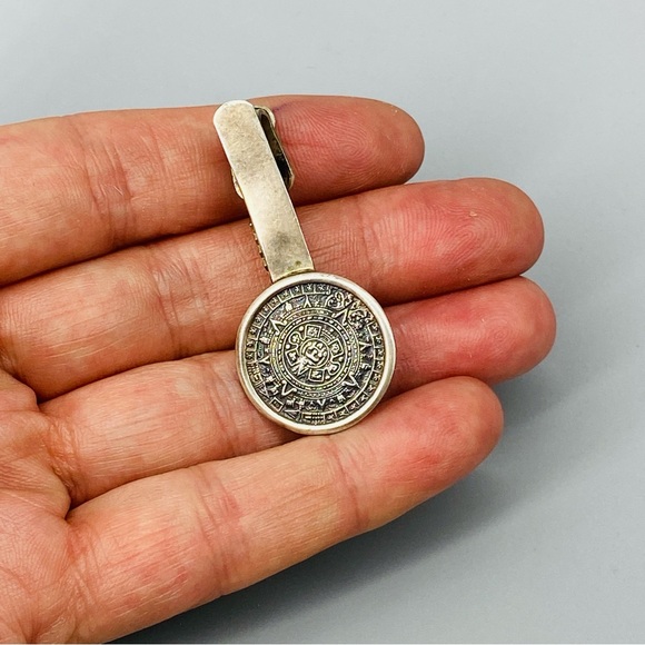 Vintage Sterling Silver Aztec Mayan Sun Calendar Tie Clip 925 - Picture 6 of 13